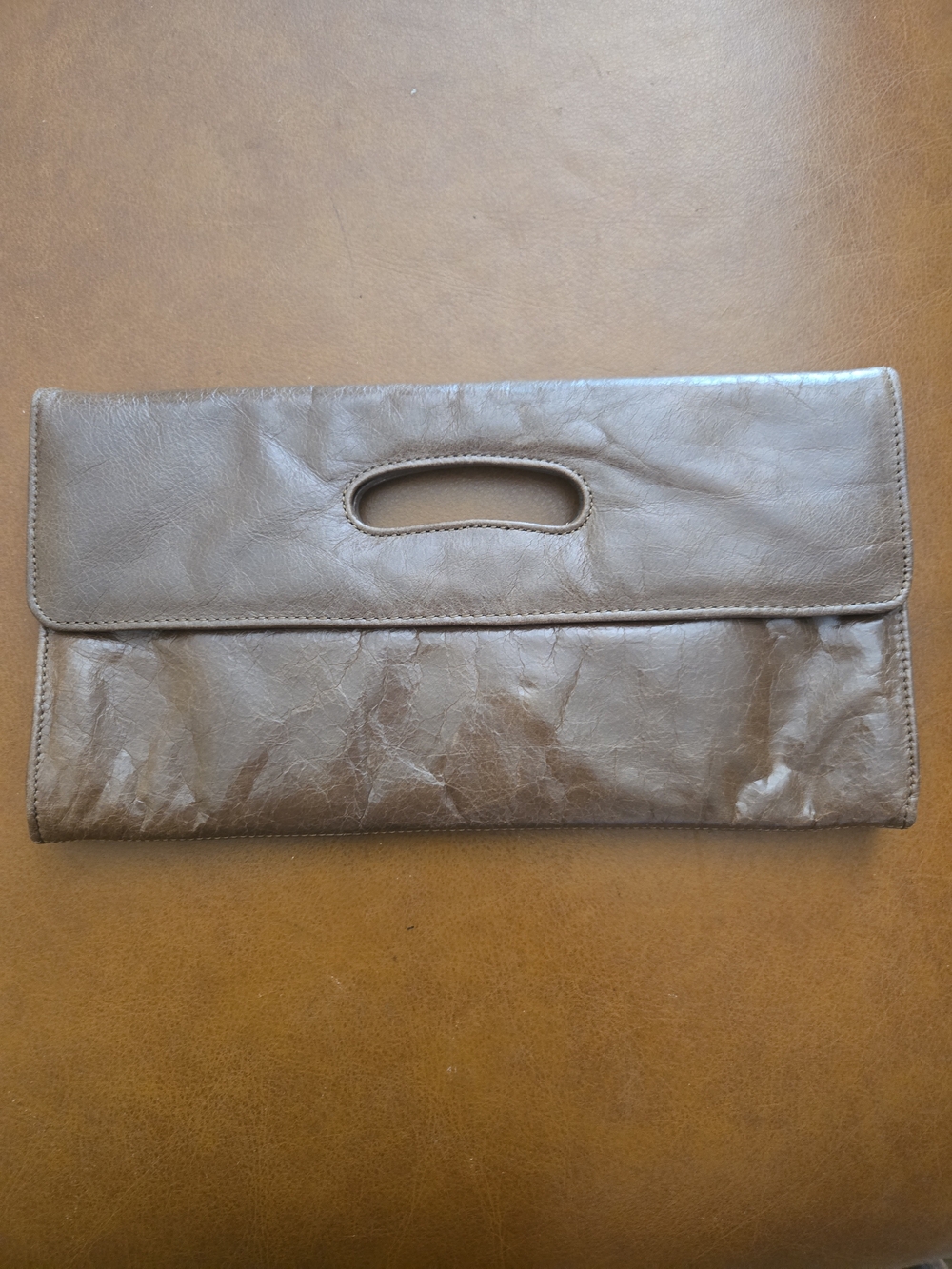 Hobo Brown Distressed Leather Cutout Handle Magnetic Flap Clutch Handbag